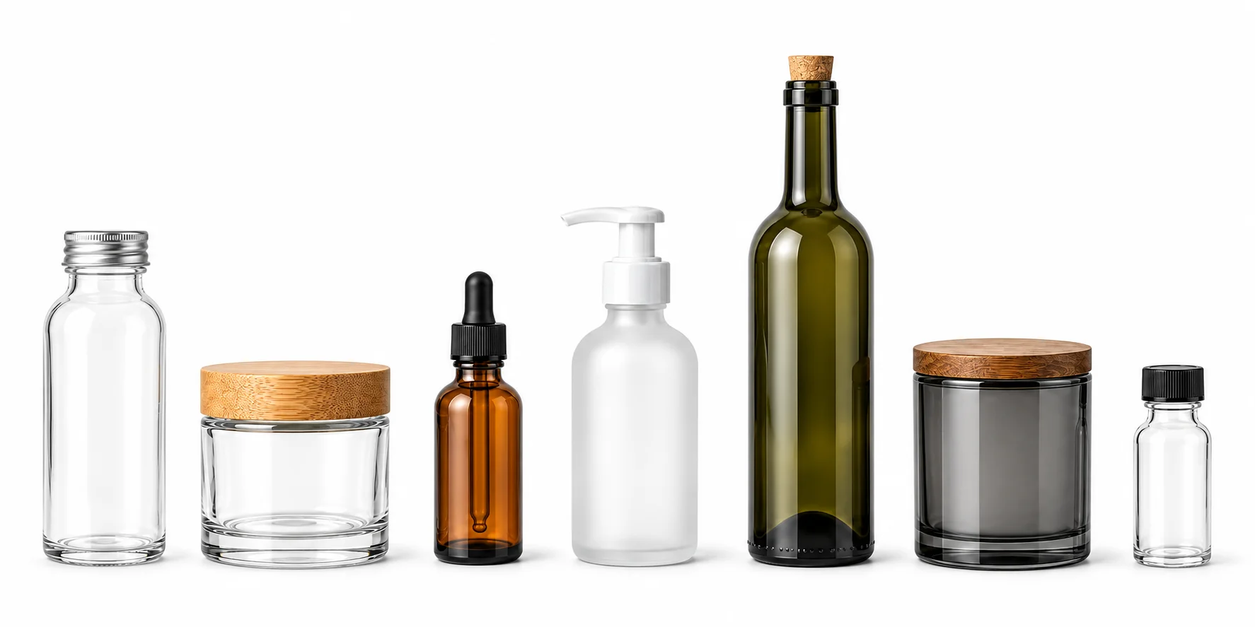 Transparent cutout lineup of representative glass bottles jars caps and closures